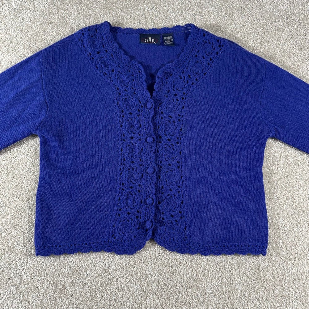 OBR Royal Blue Lambswool Angora Crochet Lace Trim Cardigan Sweater L Cottagecore - Picture 2 of 8